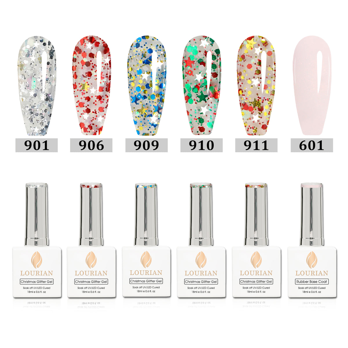 Combo de 6 flacons | 5 Christmas Glitter Gel + Peach Whisper(BASE) 6*18ml JUST！！55€
