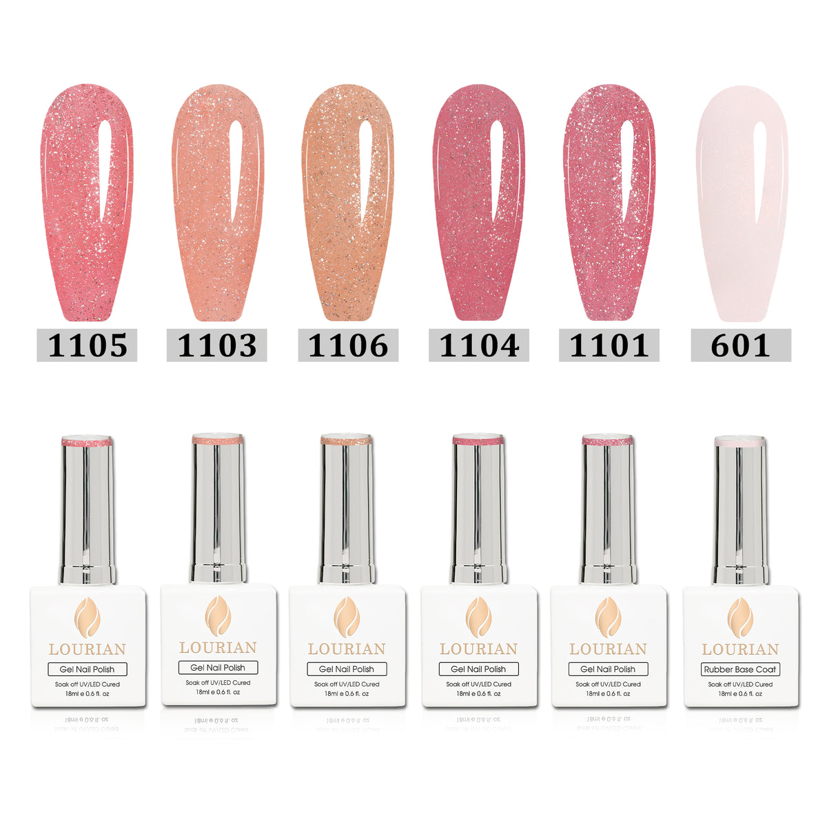 Combo de 6 flacons | 5 Nude Gitter Gel + Peach Whisper(BASE) 6*18ml JUST！！55€